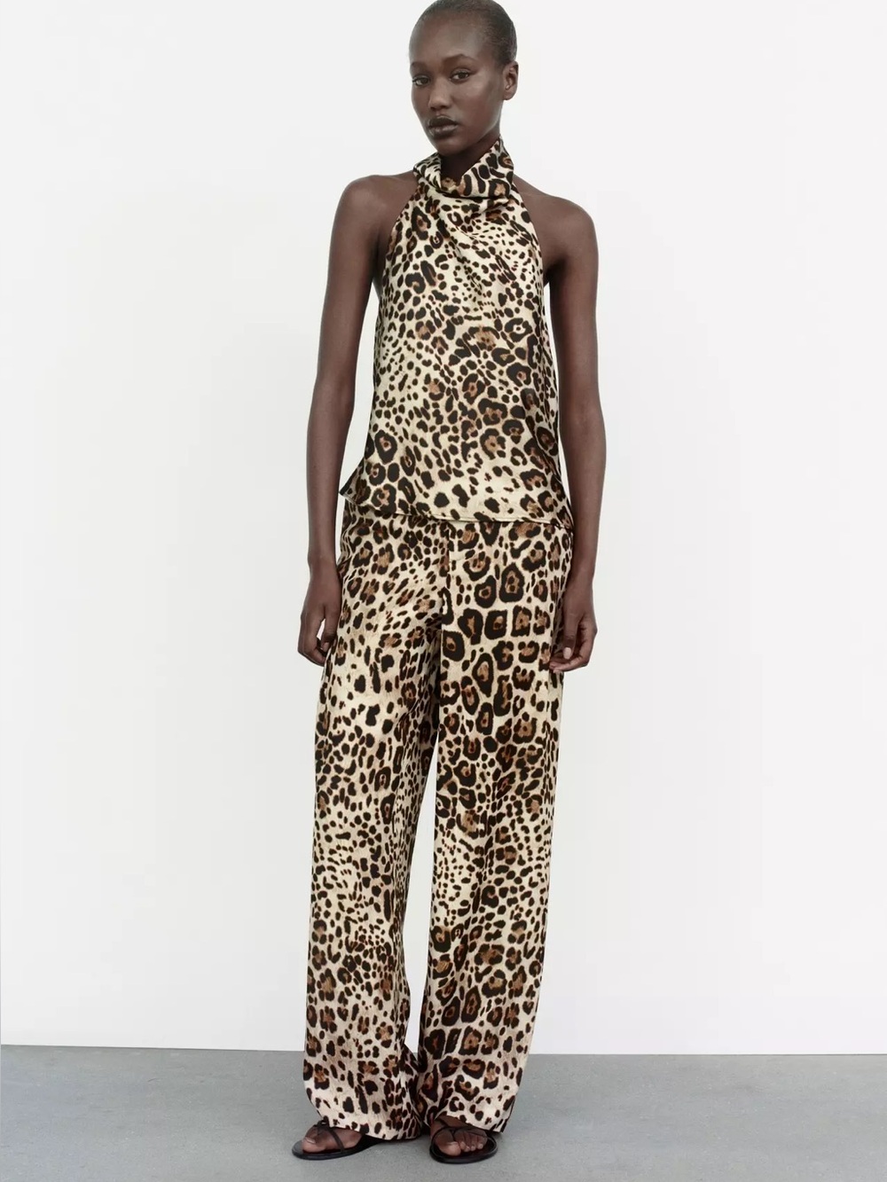 NWT Zara Animal Print Leopard Satin Cowl Neck Open Back Halter Top Sz S